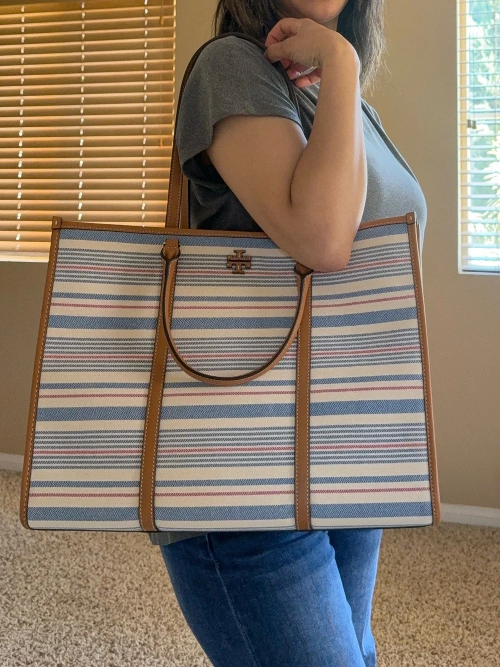 NWT, tory burch blake stripe canvas jumbo large tote multi walnut $550